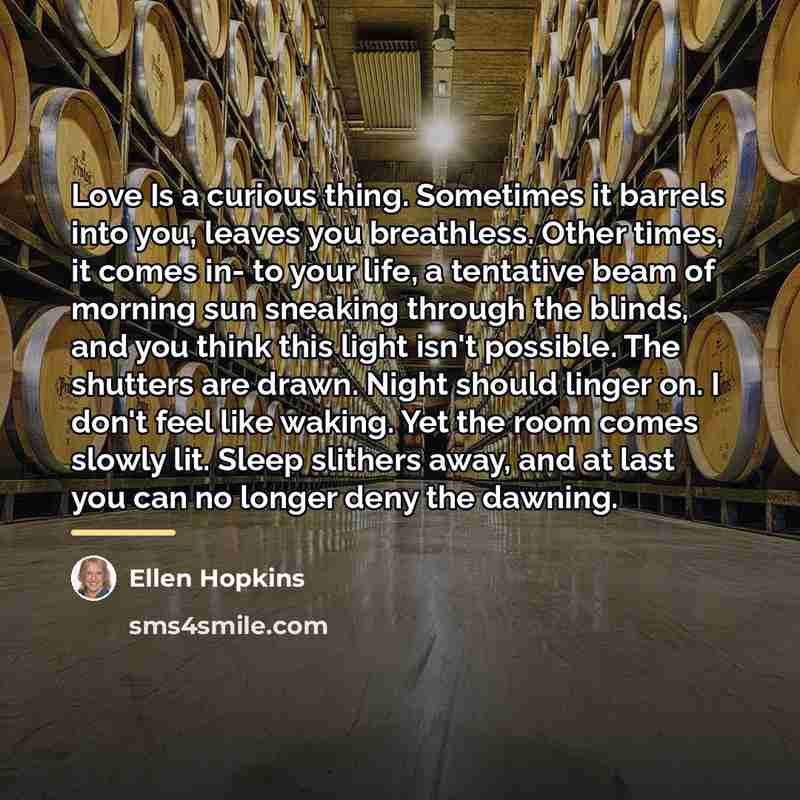 “Love Is a curious thing. Sometimes it barrels into you,…” quote by Ellen Hopkins