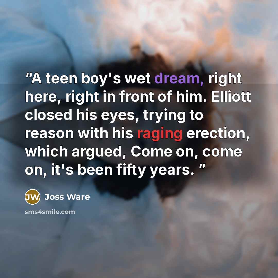 “A teen boy's wet dream, right here, right in front of him. Elliott closed his eyes, trying to reason with his raging erection, which argued, Come on, come on, it's been fifty years.” quote by Joss Ware