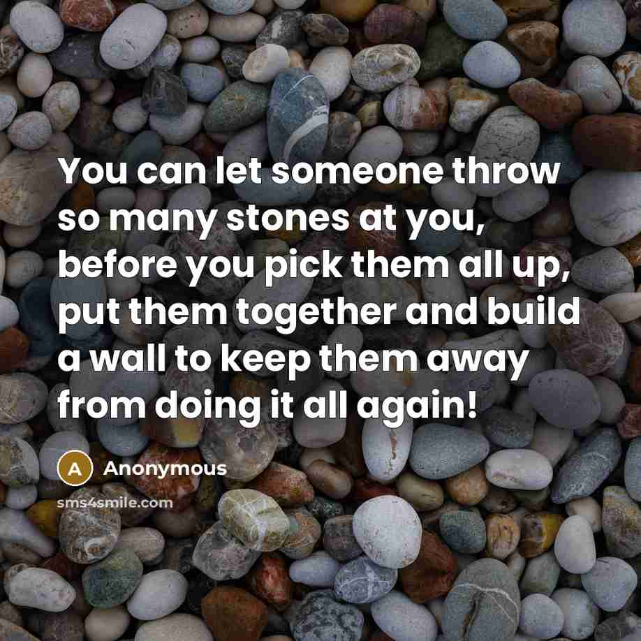 “You can let someone throw so many stones at you, before you pick them all up, put them together and build a wall to keep them away from doing it all again!” quote by Anonymous