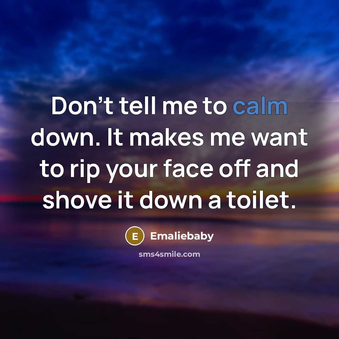 “Don't tell me to calm down. It makes me want to rip your face off and shove it down a toilet.” quote by Emaliebaby