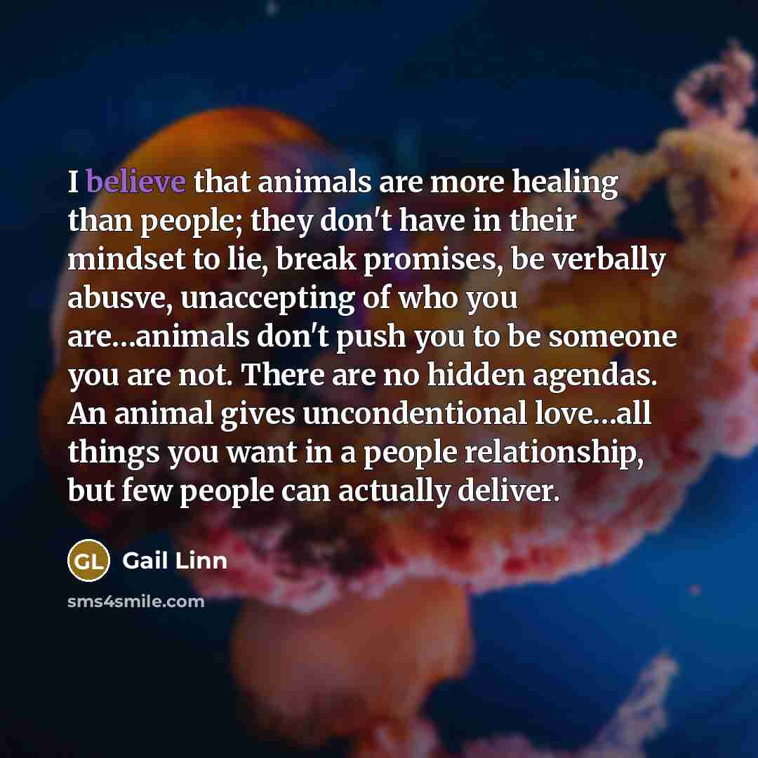 “I believe that animals are more healing than people; they don't have in their mindset to lie, break promises, be verbally abusve, unaccepting of who you are…animals don't push you to be someone you are not. There are no hidden agendas. An animal gives uncondentional love…all things you want in a…” quote by Gail Linn