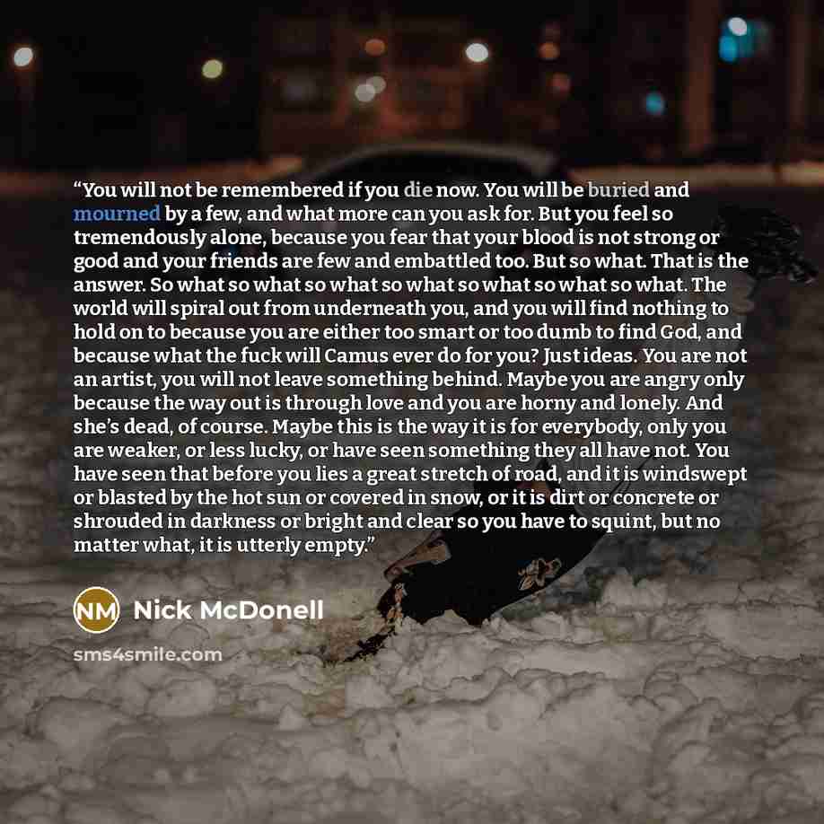 “You will not be remembered if you die now. You will be buried and mourned by a few, and what more can you ask for. But you feel so tremendously alone, because you fear that your blood is not strong or good and your friends are few and embattled too. But so what. That is the answer. So what so what…” quote by Nick McDonell