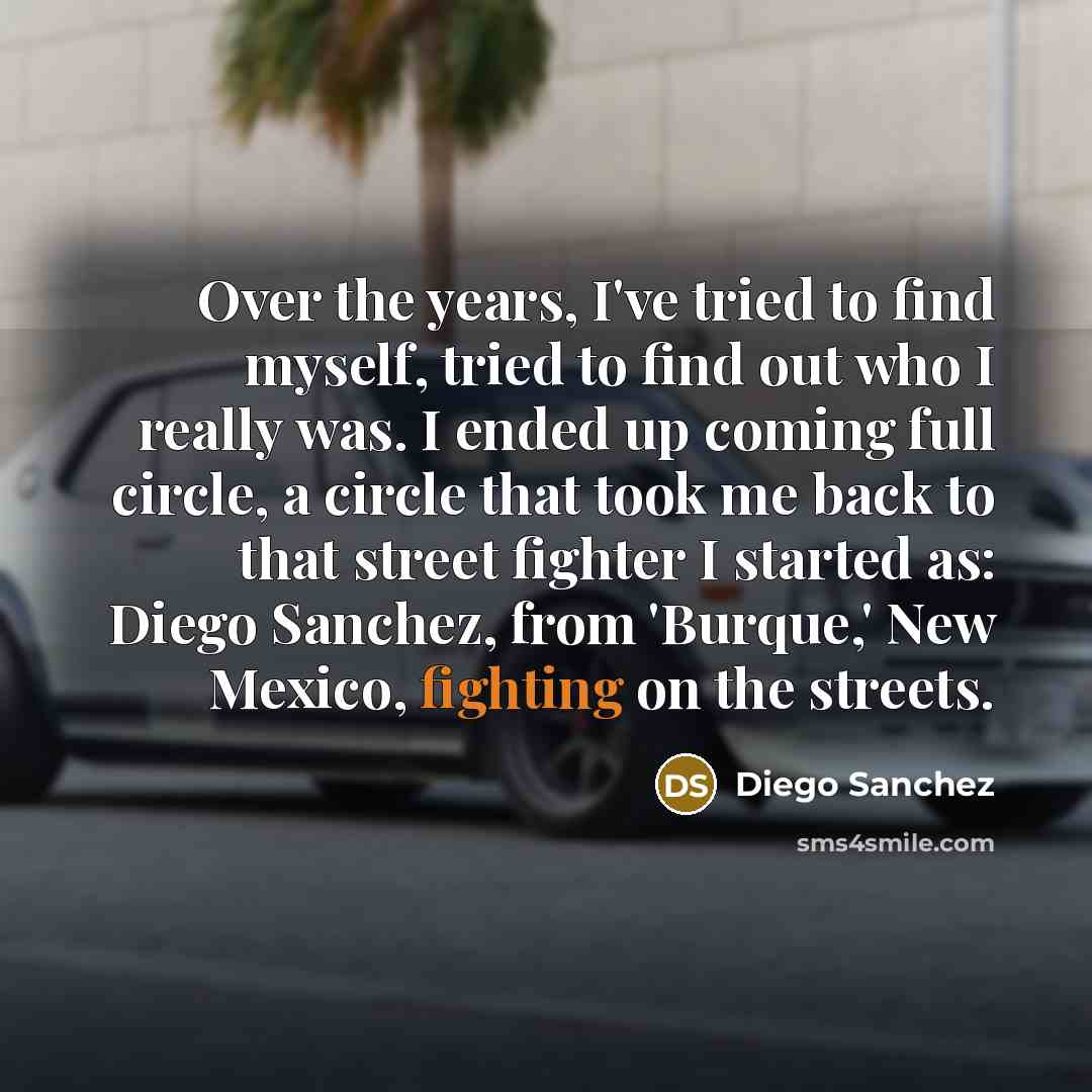 “Over the years, I've tried to find myself, tried to find out who I really was. I ended up coming full circle, a circle that took me back to that street fighter I started as: Diego Sanchez, from 'Burque,' New Mexico, fighting on the streets.” quote by Diego Sanchez