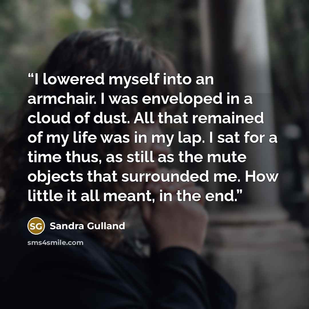 “I lowered myself into an armchair. I was enveloped in a cloud of dust. All that remained of my life was in my lap. I sat for a time thus, as still as the mute objects that surrounded me. How little it all meant, in the end.” quote by Sandra Gulland