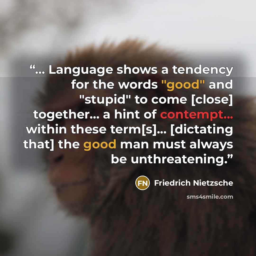 “... Language shows a tendency for the words "good" and "stupid" to come [close] together... a hint of contempt... within these term[s]... [dictating that] the good man must always be unthreatening.” quote by Friedrich Nietzsche