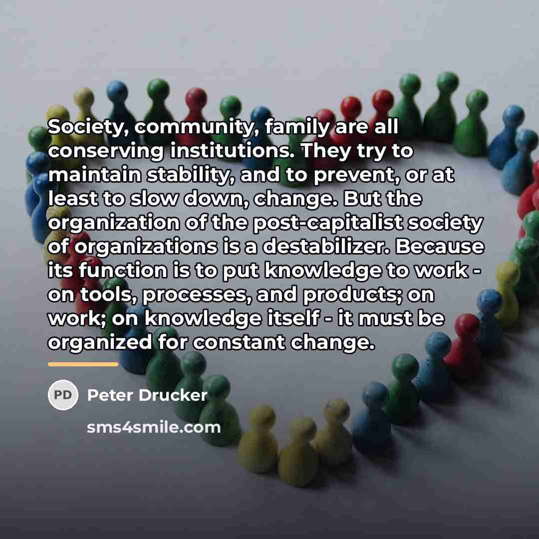 “Society, community, family are all conserving institutions. They try to…” quote by Peter Drucker