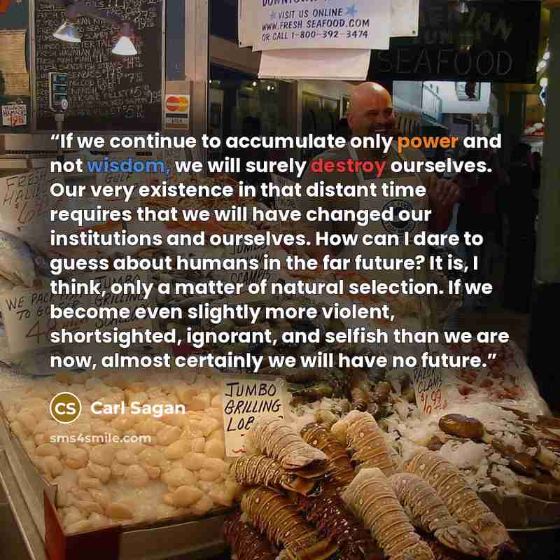 “If we continue to accumulate only power and not wisdom, we will surely destroy ourselves. Our very existence in that distant time requires that we will have changed our institutions and ourselves. How can I dare to guess about humans in the far future? It is, I think, only a matter of natural…” quote by Carl Sagan