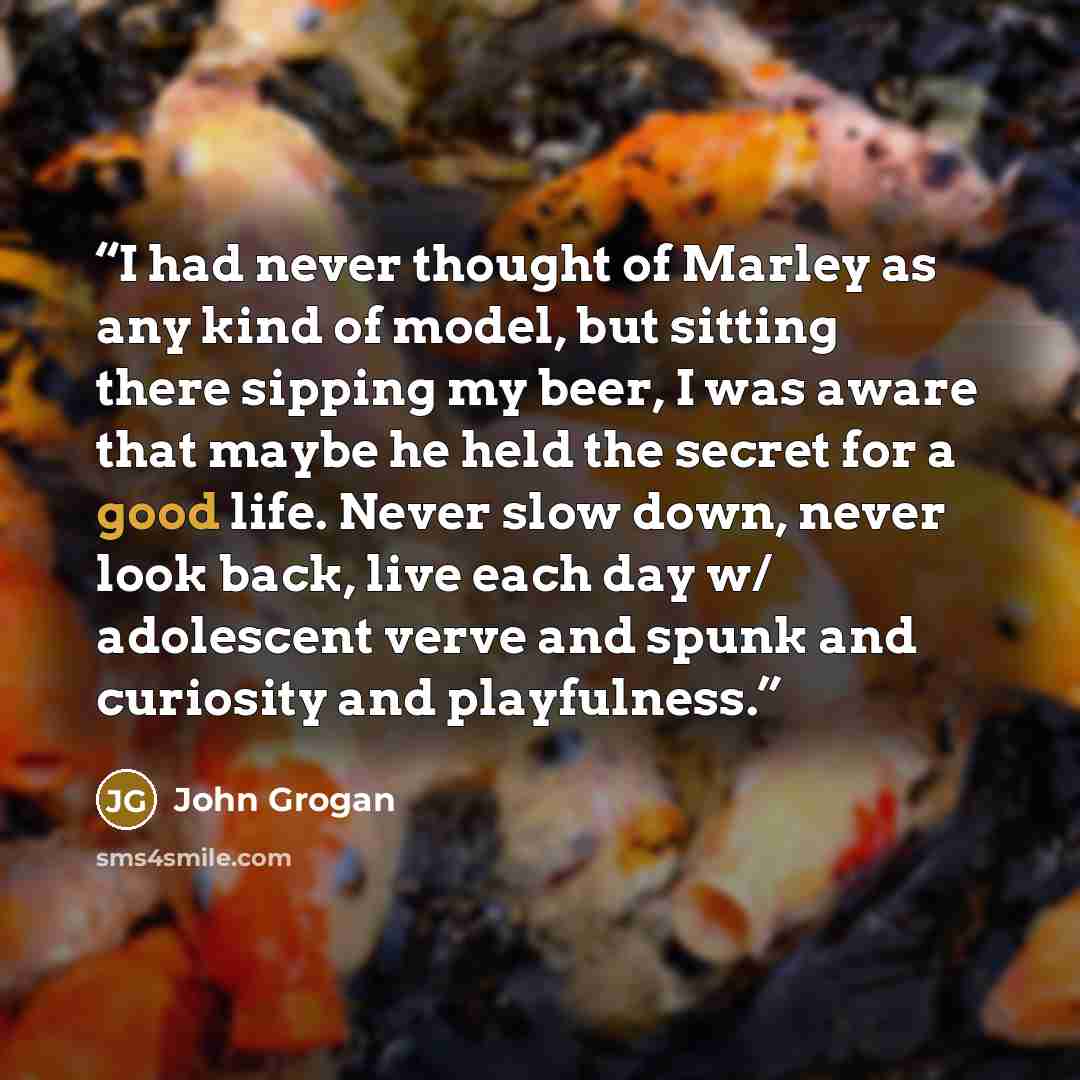 “I had never thought of Marley as any kind of model, but sitting there sipping my beer, I was aware that maybe he held the secret for a good life. Never slow down, never look back, live each day w/ adolescent verve and spunk and curiosity and playfulness.” quote by John Grogan