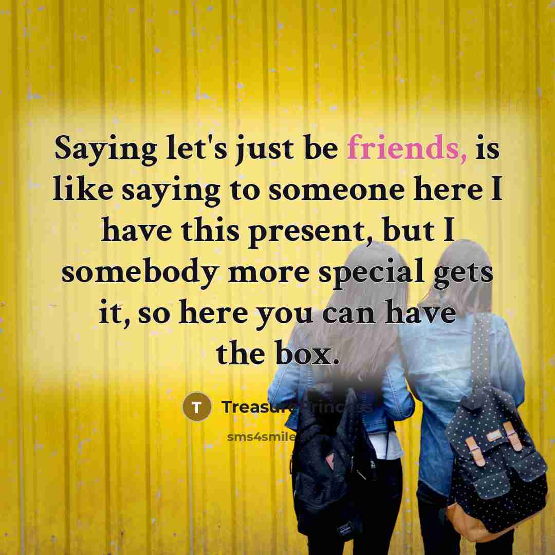 “Saying let's just be friends, is like saying to someone here I have this present, but I somebody more special gets it, so here you can have the box.” quote by TreasurePrincess