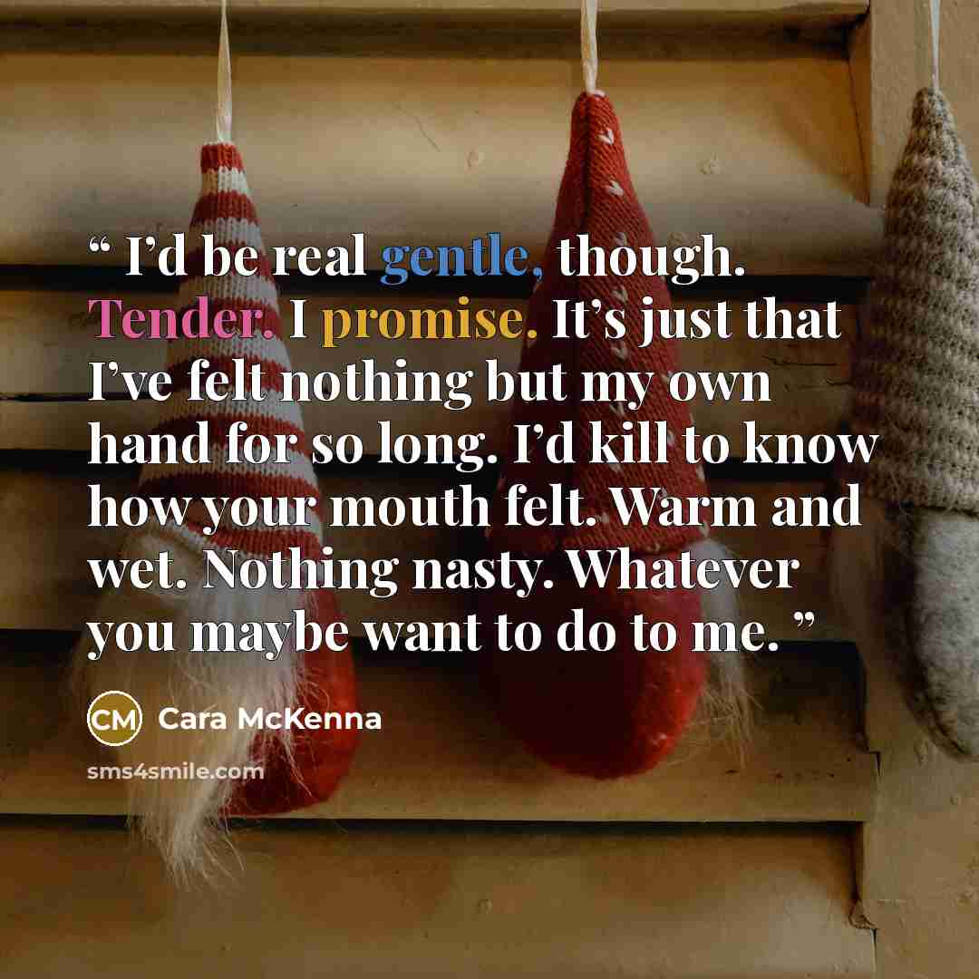 “I’d be real gentle, though. Tender. I promise. It’s just that I’ve felt nothing but my own hand for so long. I’d kill to know how your mouth felt. Warm and wet. Nothing nasty. Whatever you maybe want to do to me.” quote by Cara McKenna