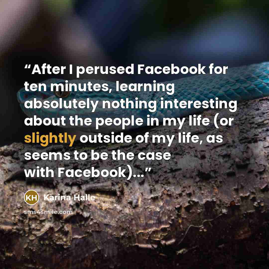 “After I perused Facebook for ten minutes, learning absolutely nothing interesting about the people in my life (or slightly outside of my life, as seems to be the case with Facebook)...” quote by Karina Halle