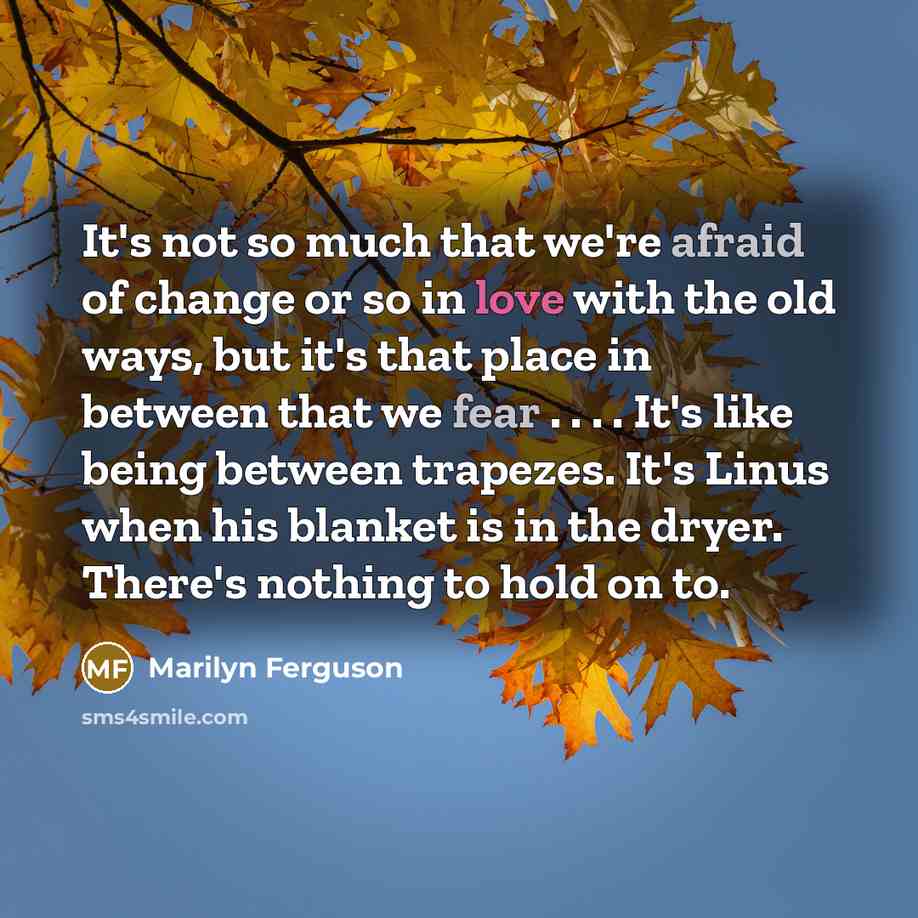 “It's not so much that we're afraid of change or so in love with the old ways, but it's that place in between that we fear . . . . It's like being between trapezes. It's Linus when his blanket is in the dryer. There's nothing to hold on to.” quote by Marilyn Ferguson
