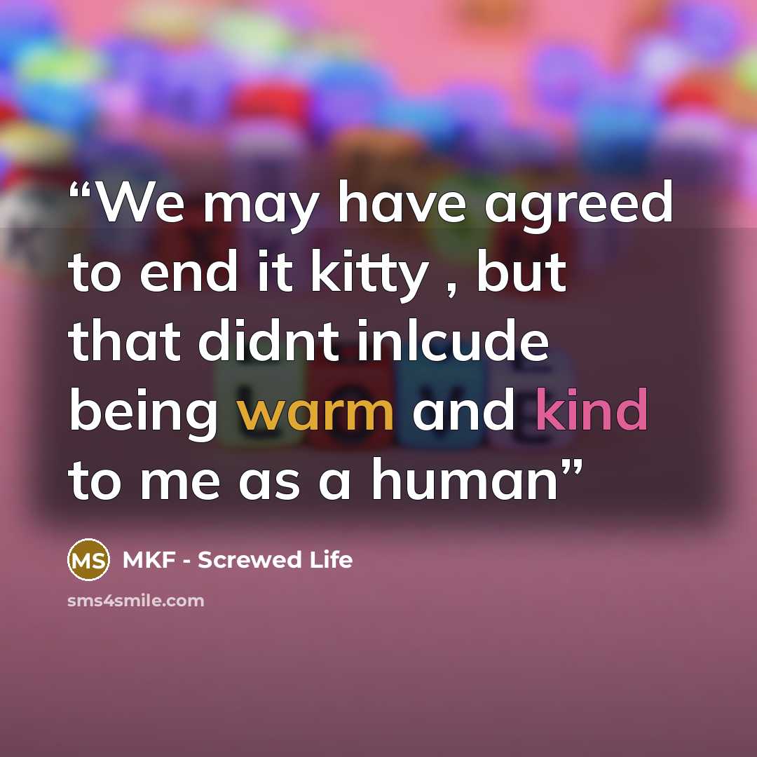 “We may have agreed to end it kitty , but that didnt inlcude being warm and kind to me as a human” quote by MKF - Screwed Life
