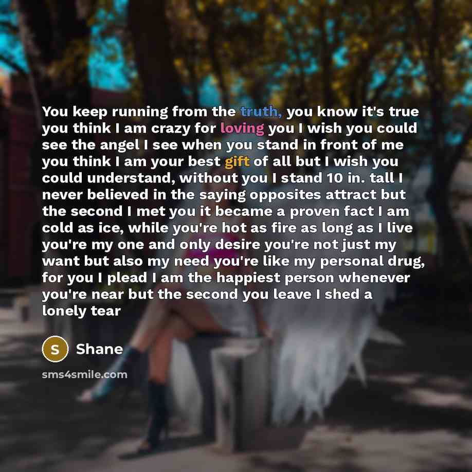 “You keep running from the truth, you know it's true you think I am crazy for loving you I wish you could see the angel I see when you stand in front of me you think I am your best gift of all but I wish you could understand, without you I stand 10 in. tall I never believed in the saying opposites…” quote by Shane