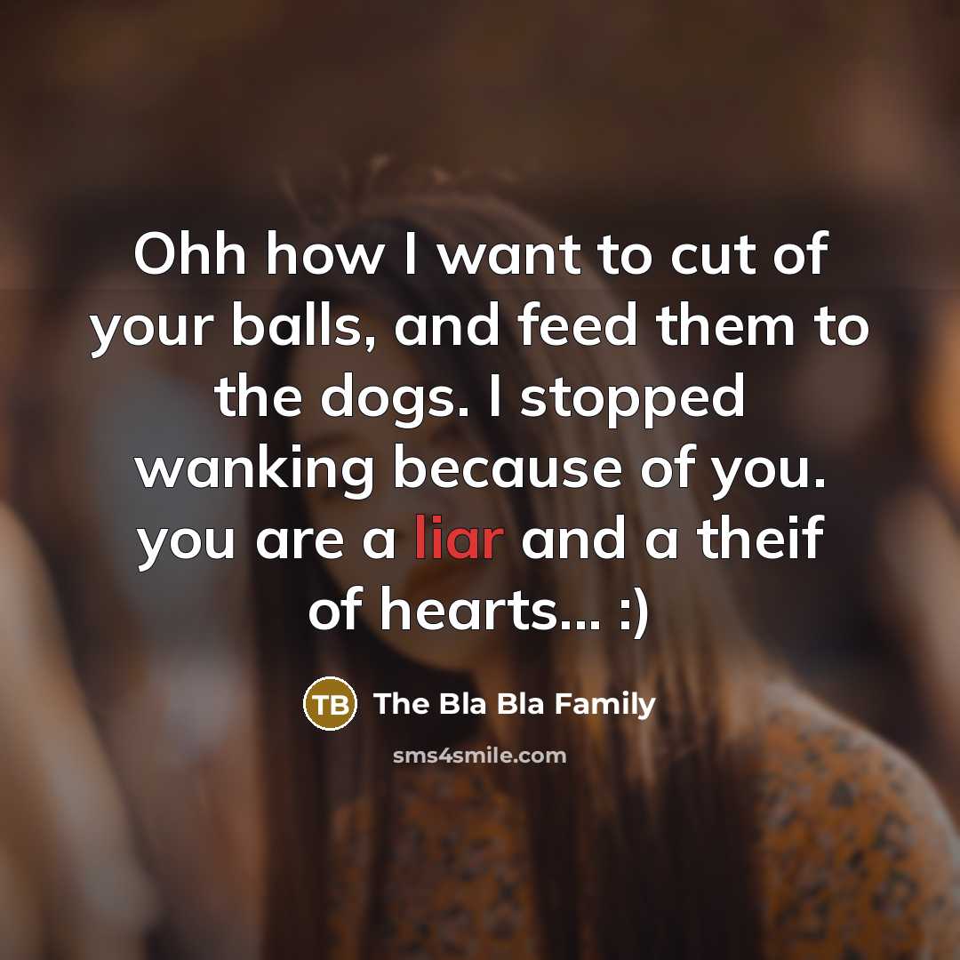 “Ohh how I want to cut of your balls, and feed them to the dogs. I stopped wanking because of you. you are a liar and a theif of hearts... :)” quote by The Bla Bla Family
