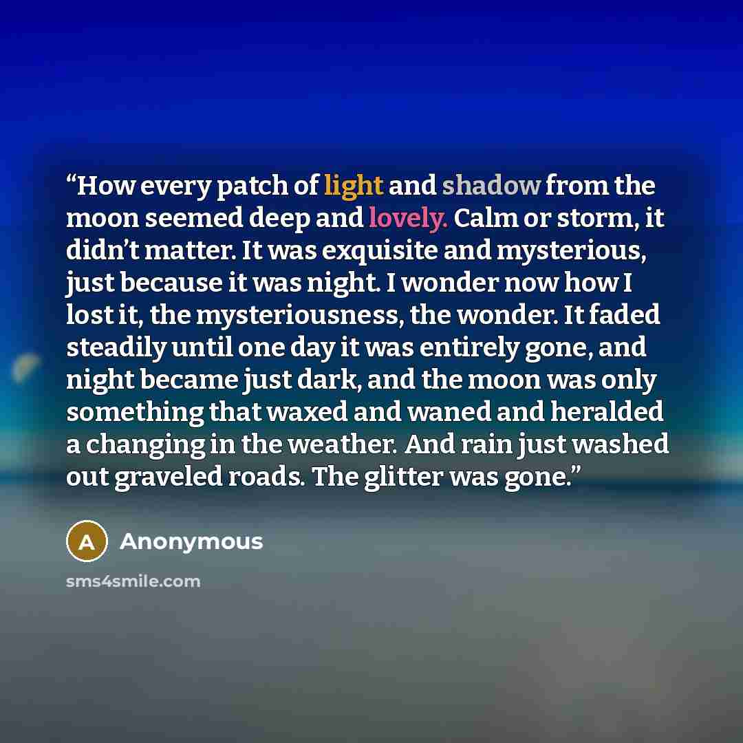 “How every patch of light and shadow from the moon seemed deep and lovely. Calm or storm, it didn’t matter. It was exquisite and mysterious, just because it was night. I wonder now how I lost it, the mysteriousness, the wonder. It faded steadily until one day it was entirely gone, and night became…” quote by Anonymous