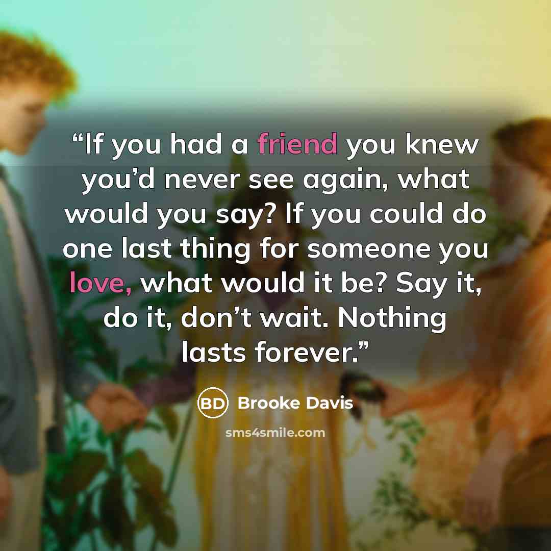 “If you had a friend you knew you’d never see again, what would you say? If you could do one last thing for someone you love, what would it be? Say it, do it, don’t wait. Nothing lasts forever.” quote by Brooke Davis