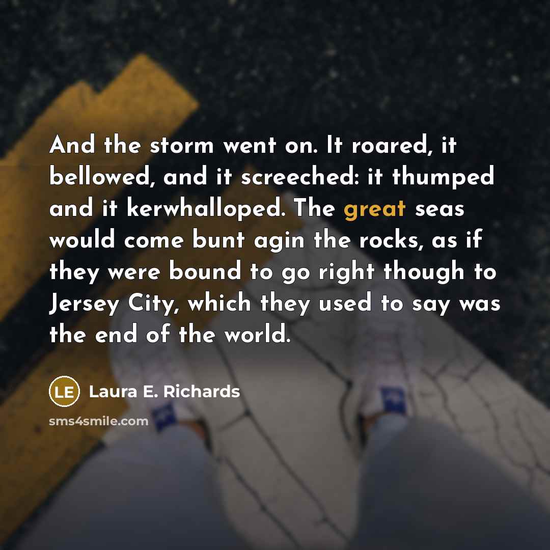 “And the storm went on. It roared, it bellowed, and…” quote by Laura E. Richards