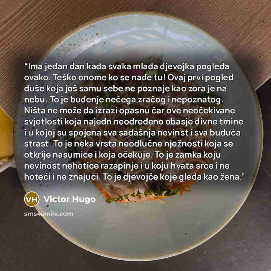 “Ima jedan dan kada svaka mlada djevojka pogleda ovako. Teško onome ko se nađe tu! Ovaj prvi pogled duše koja još samu sebe ne poznaje kao zora je na nebu. To je buđenje nečega zračog i nepoznatog. Ništa ne može da izrazi opasnu čar ove neočekivane svjetlosti koja najedn neodređeno obasje divne…” quote by Victor Hugo