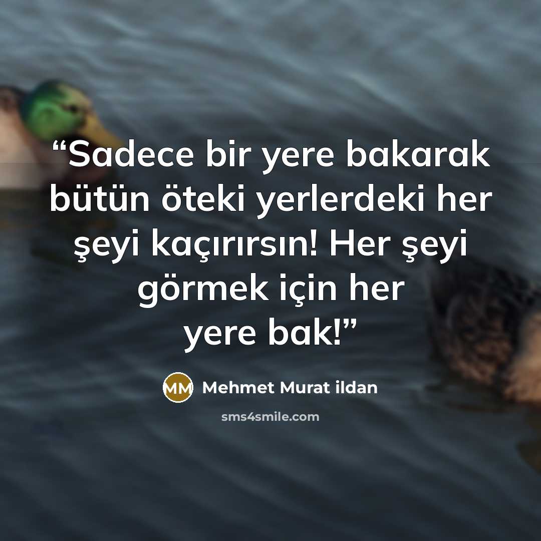 “Sadece bir yere bakarak bütün öteki yerlerdeki her şeyi kaçırırsın! Her şeyi görmek için her yere bak!” quote by Mehmet Murat ildan