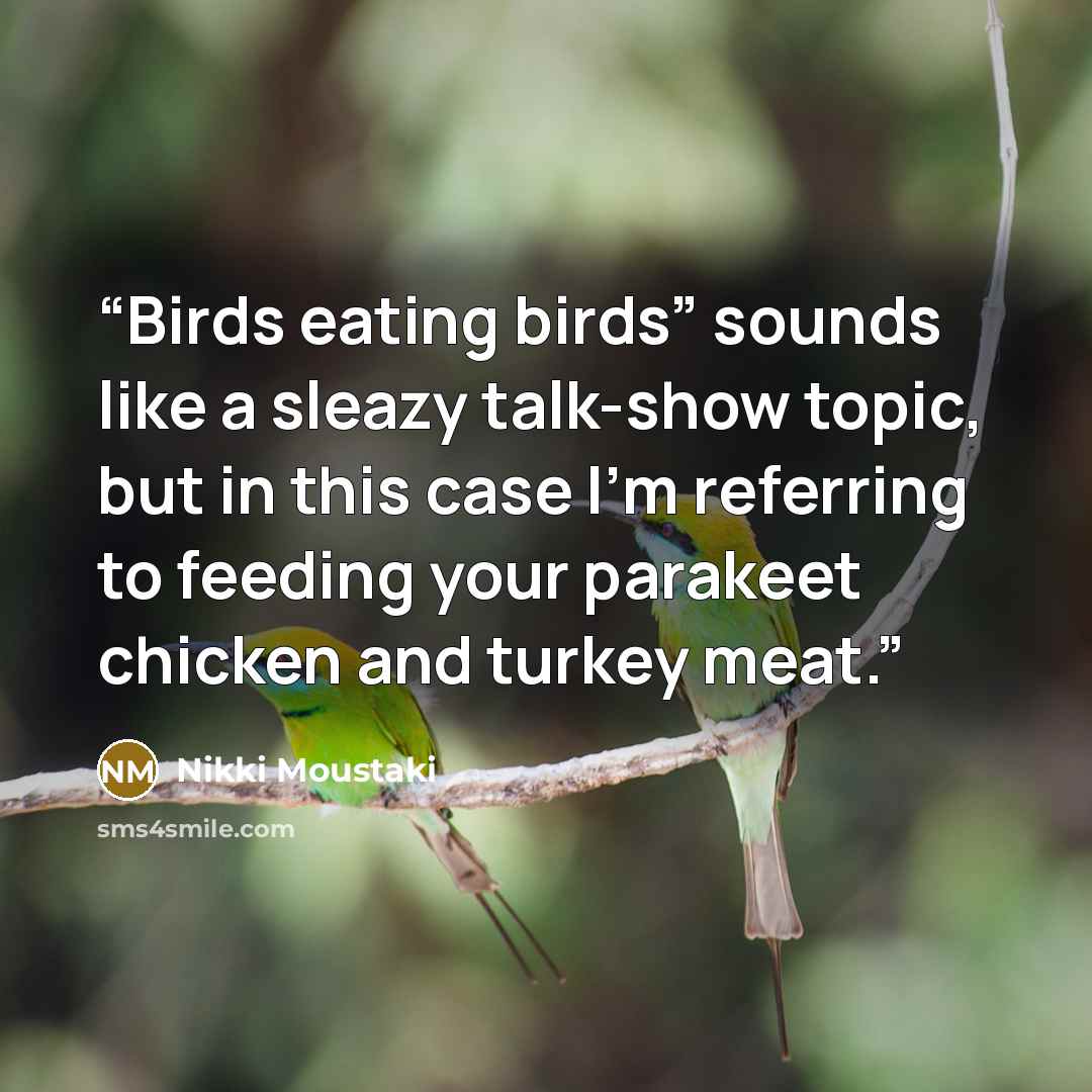 “Birds eating birds” sounds like a sleazy talk-show topic, but in this case I’m referring to feeding your parakeet chicken and turkey meat.” quote by Nikki Moustaki