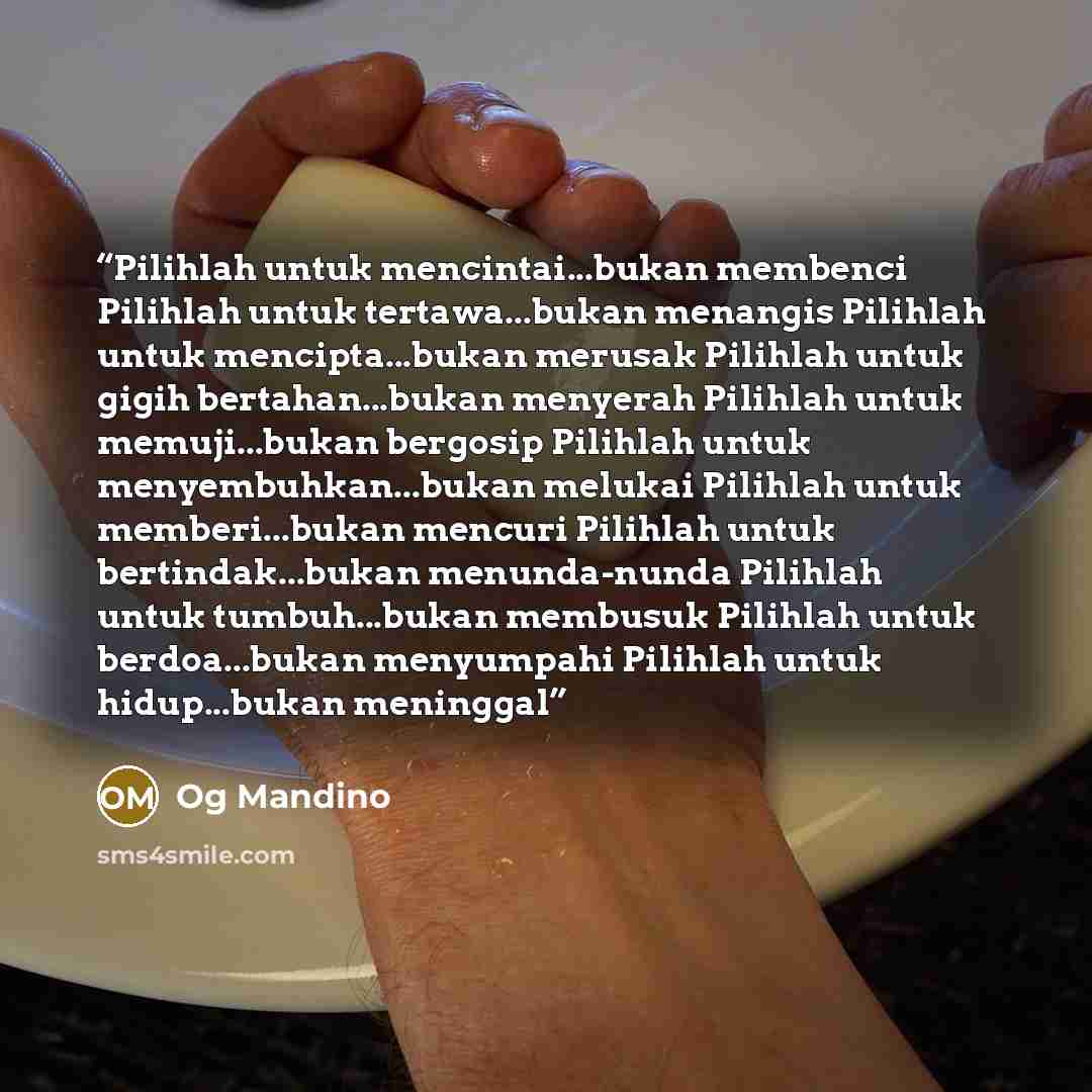 “Pilihlah untuk mencintai...bukan membenci Pilihlah untuk tertawa...bukan menangis Pilihlah untuk mencipta...bukan merusak Pilihlah untuk gigih bertahan...bukan menyerah Pilihlah untuk memuji...bukan bergosip Pilihlah untuk menyembuhkan...bukan melukai Pilihlah untuk memberi...bukan mencuri…” quote by Og Mandino