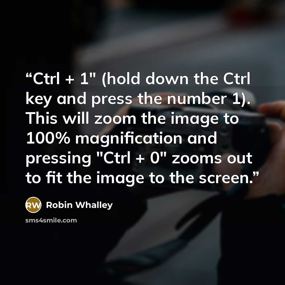 “Ctrl + 1" (hold down the Ctrl key and press the number 1). This will zoom the image to 100% magnification and pressing "Ctrl + 0" zooms out to fit the image to the screen.” quote by Robin Whalley