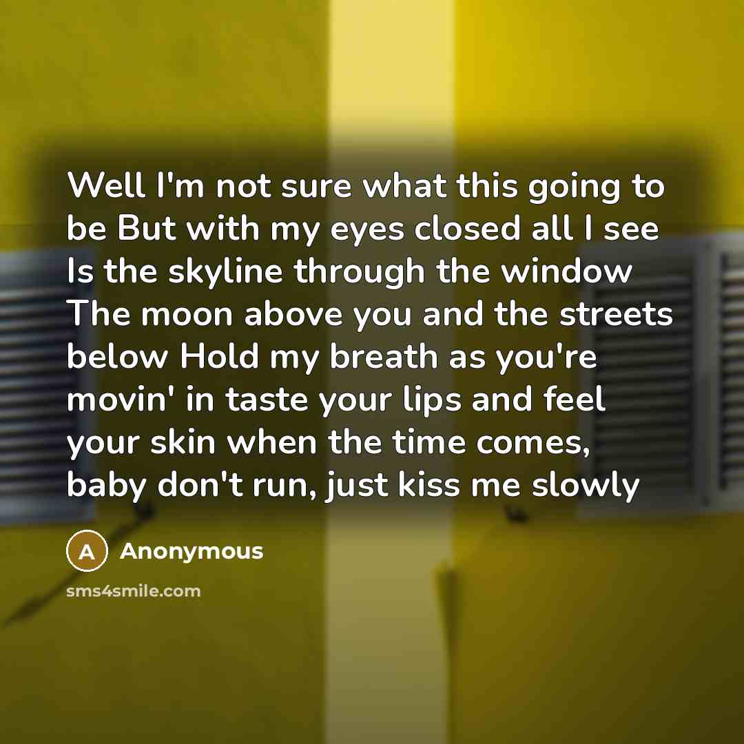 “Well I'm not sure what this going to be But with my eyes closed all I see Is the skyline through the window The moon above you and the streets below Hold my breath as you're movin' in taste your lips and feel your skin when the time comes, baby don't run, just kiss me slowly” quote by Anonymous