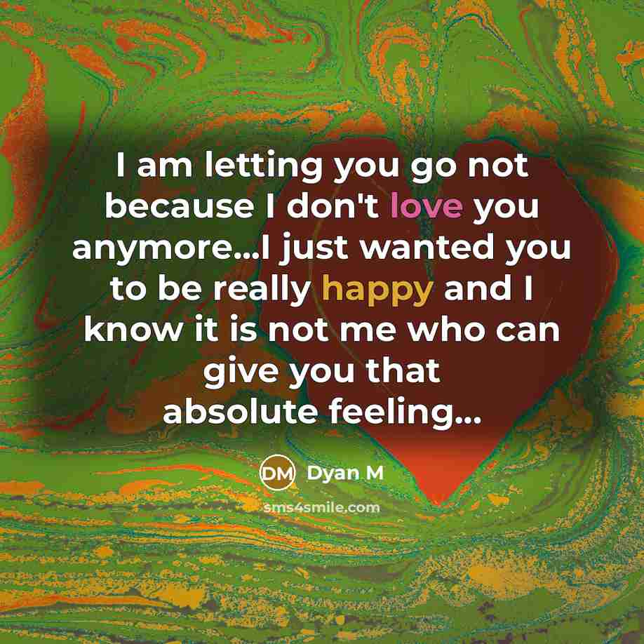 “I am letting you go not because I don't love you anymore...I just wanted you to be really happy and I know it is not me who can give you that absolute feeling...” quote by Dyan M