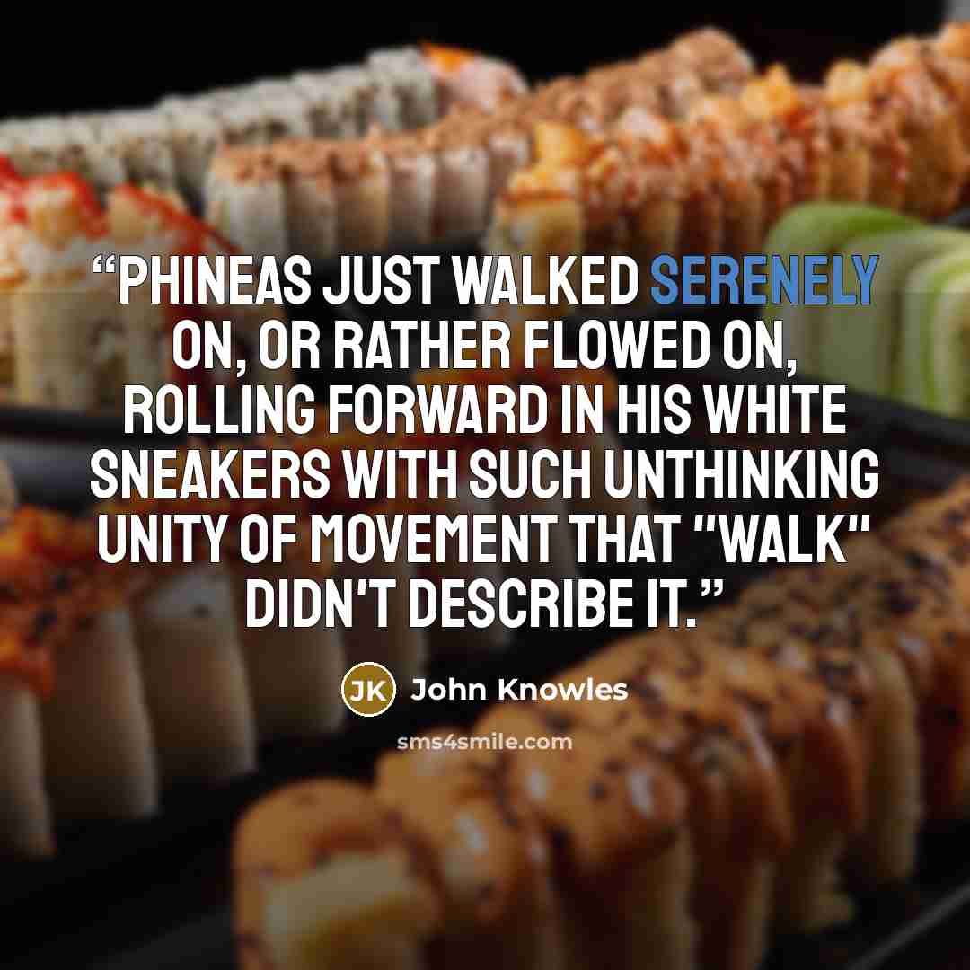 “Phineas just walked serenely on, or rather flowed on, rolling forward in his white sneakers with such unthinking unity of movement that "walk" didn't describe it.” quote by John Knowles