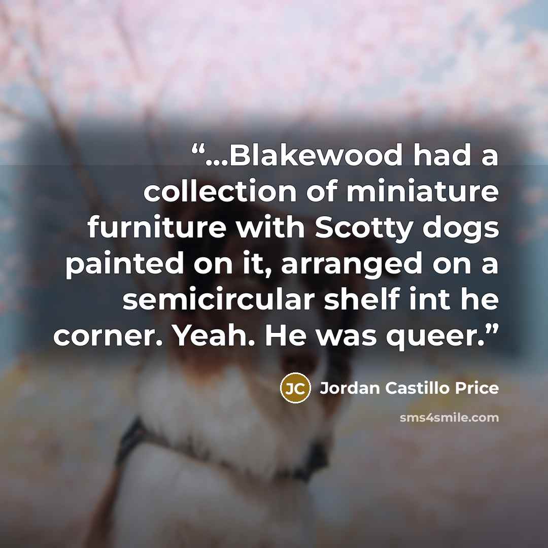 “...Blakewood had a collection of miniature furniture with Scotty dogs painted on it, arranged on a semicircular shelf int he corner. Yeah. He was queer.” quote by Jordan Castillo Price