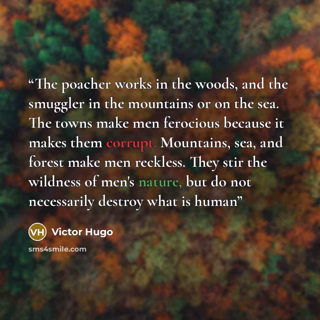“The poacher works in the woods, and the smuggler in the mountains or on the sea. The towns make men ferocious because it makes them corrupt. Mountains, sea, and forest make men reckless. They stir the wildness of men's nature, but do not necessarily destroy what is human” quote by Victor Hugo