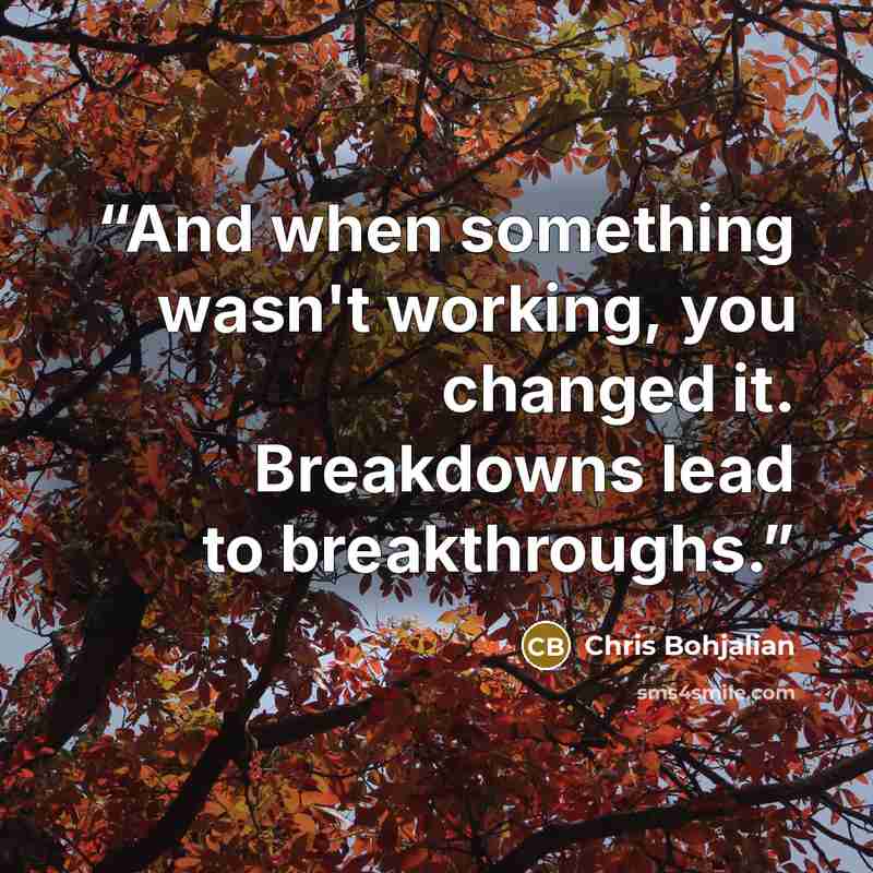“And when something wasn't working, you changed it. Breakdowns lead to breakthroughs.” quote by Chris Bohjalian