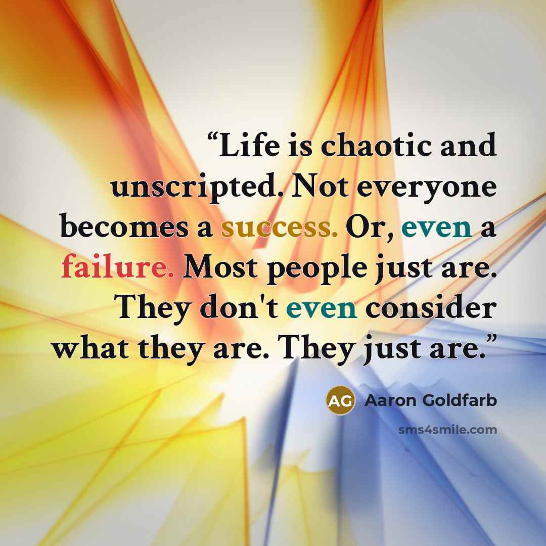 “Life is chaotic and unscripted. Not everyone becomes a success. Or, even a failure. Most people just are. They don't even consider what they are. They just are.” quote by Aaron Goldfarb