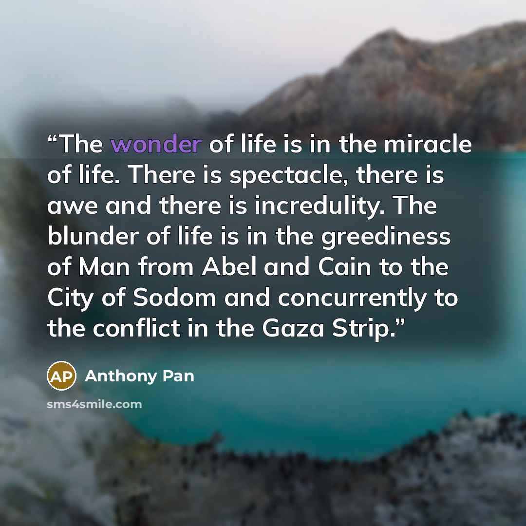 “The wonder of life is in the miracle of life. There is spectacle, there is awe and there is incredulity. The blunder of life is in the greediness of Man from Abel and Cain to the City of Sodom and concurrently to the conflict in the Gaza Strip.” quote by Anthony Pan