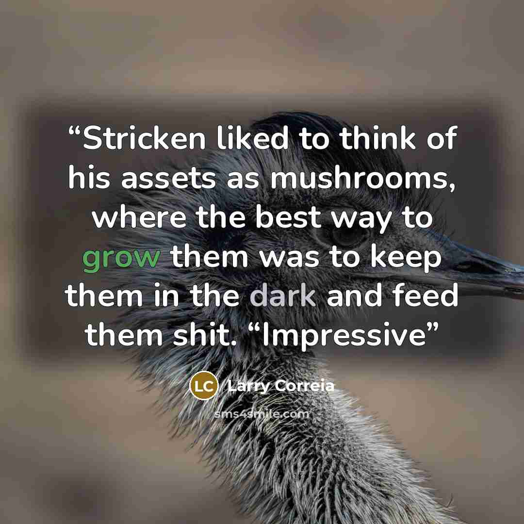 “Stricken liked to think of his assets as mushrooms, where the best way to grow them was to keep them in the dark and feed them shit. “Impressive” quote by Larry Correia