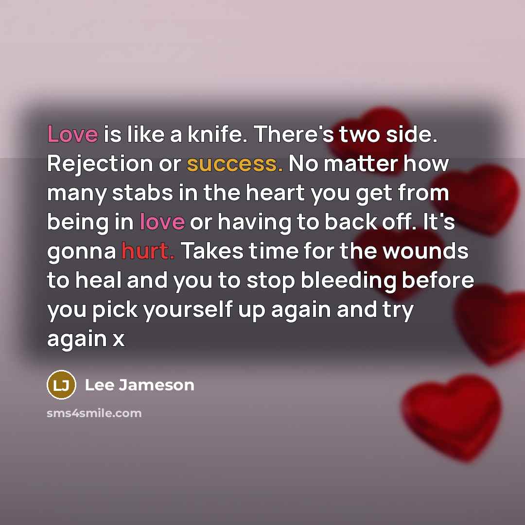 “Love is like a knife. There's two side. Rejection or success. No matter how many stabs in the heart you get from being in love or having to back off. It's gonna hurt. Takes time for the wounds to heal and you to stop bleeding before you pick yourself up again and try again x” quote by Lee Jameson