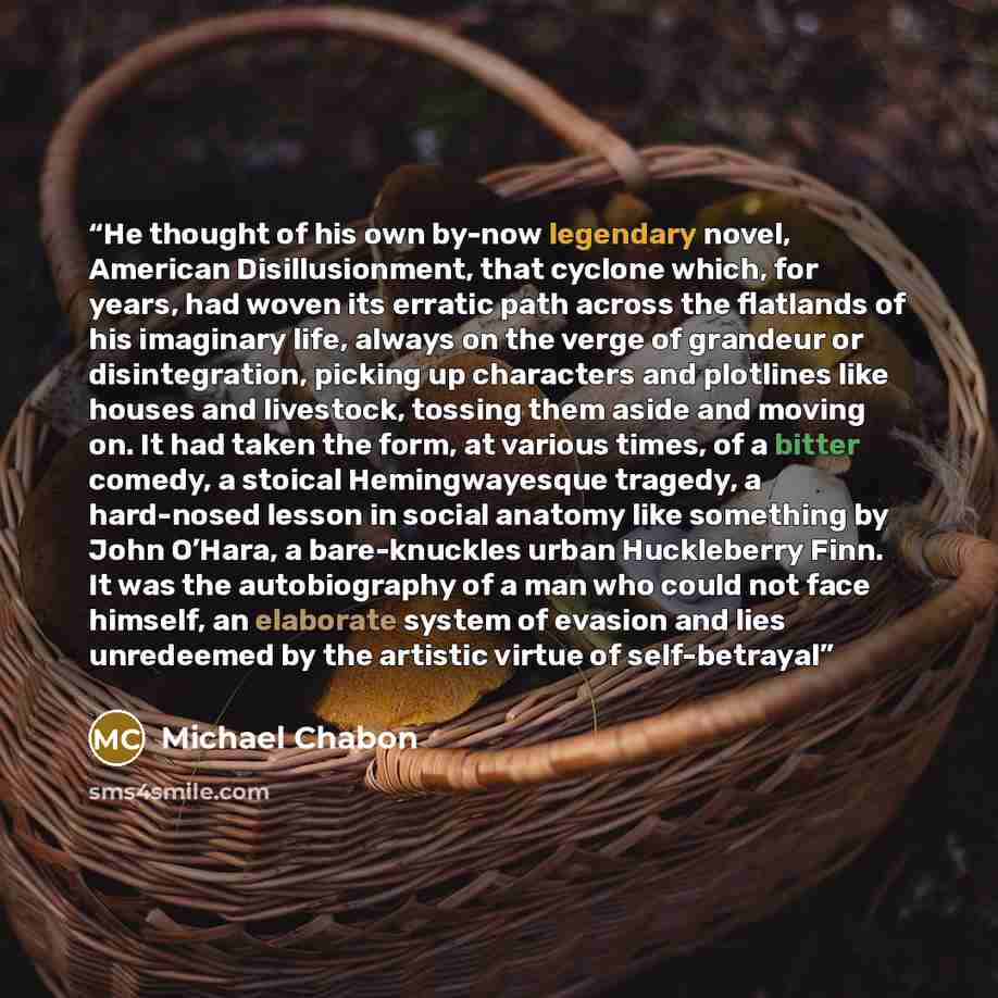 “He thought of his own by-now legendary novel, American Disillusionment, that cyclone which, for years, had woven its erratic path across the flatlands of his imaginary life, always on the verge of grandeur or disintegration, picking up characters and plotlines like houses and livestock, tossing…” quote by Michael Chabon