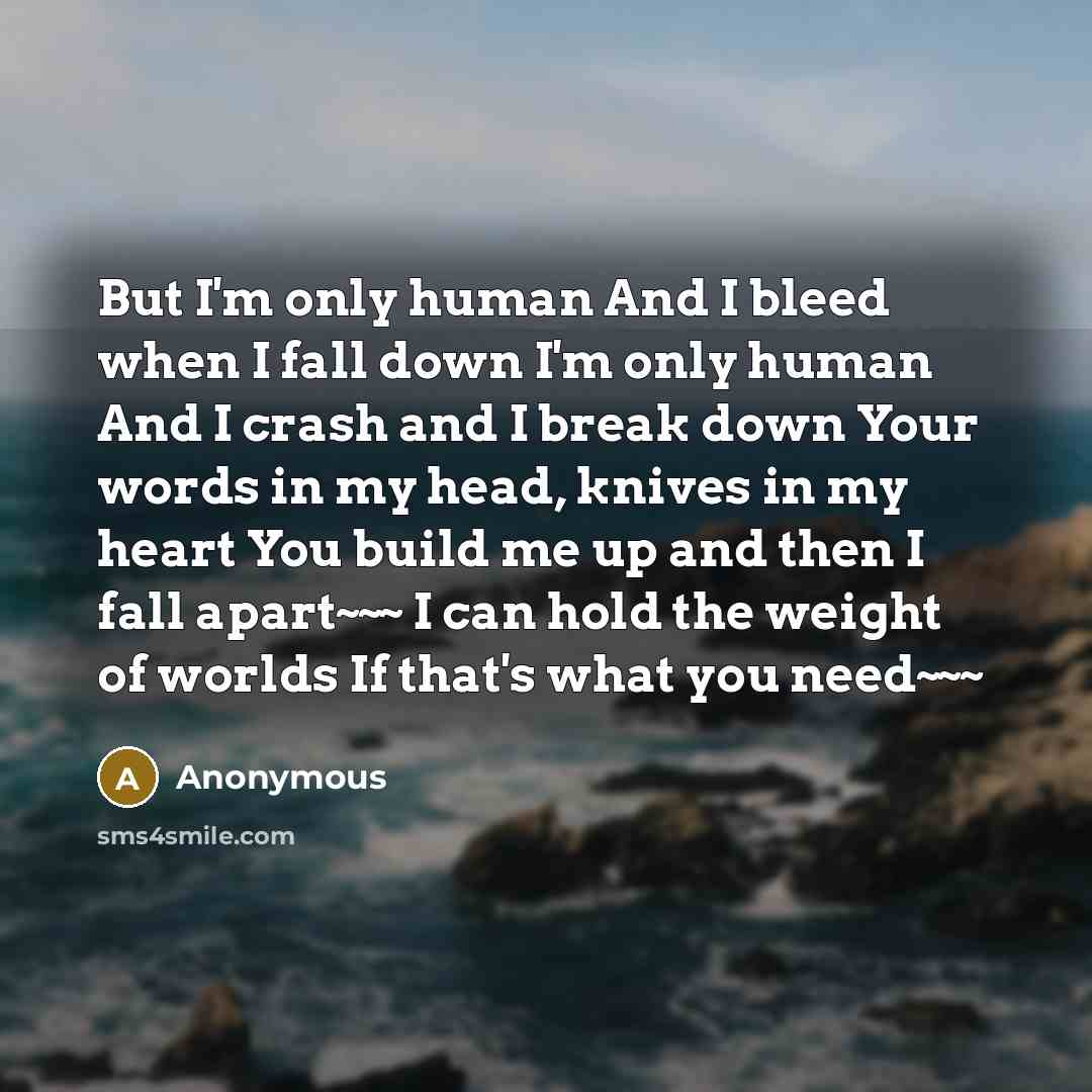 “But I'm only human And I bleed when I fall down I'm only human And I crash and I break down Your words in my head, knives in my heart You build me up and then I fall apart~~~ I can hold the weight of worlds If that's what you need~~~” quote by Anonymous