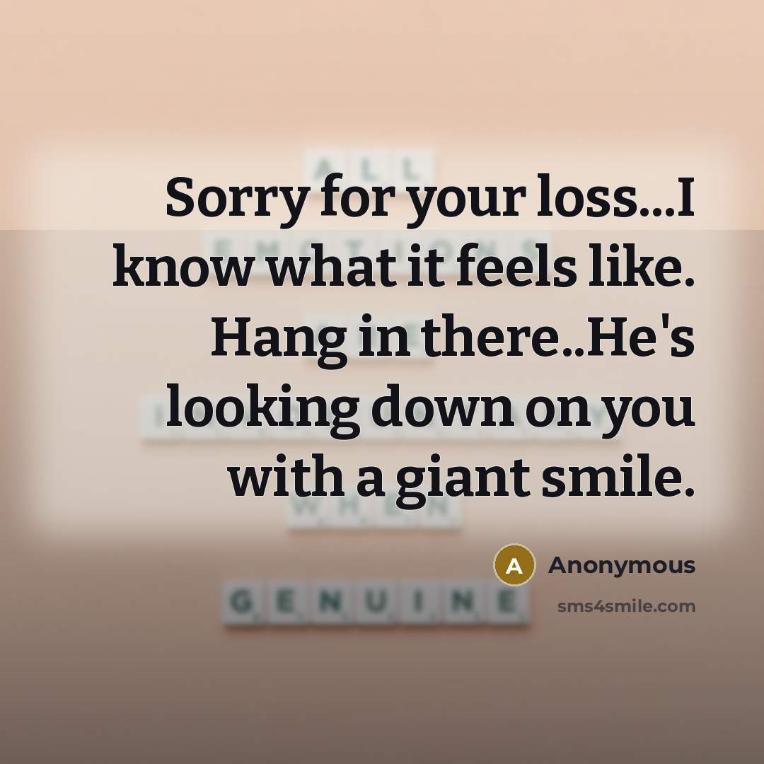 “Sorry for your loss...I know what it feels like. Hang in there..He's looking down on you with a giant smile.” quote by Anonymous