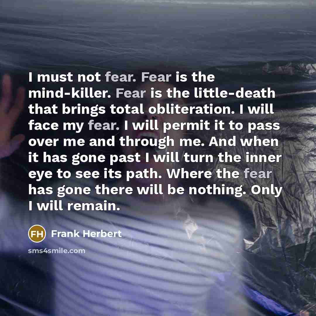 “I must not fear. Fear is the mind-killer. Fear is the little-death that brings total obliteration. I will face my fear. I will permit it to pass over me and through me. And when it has gone past I will turn the inner eye to see its path. Where the fear has gone there will be nothing. Only I will…” quote by Frank Herbert