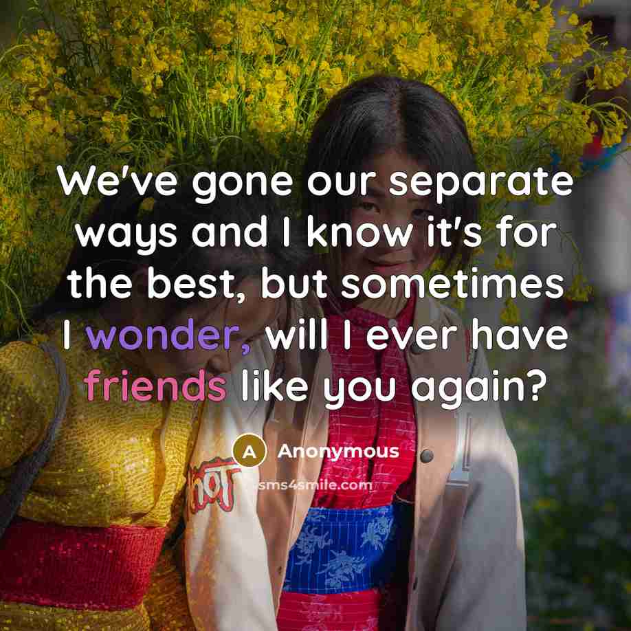 “We've gone our separate ways and I know it's for the best, but sometimes I wonder, will I ever have friends like you again?” quote by Anonymous
