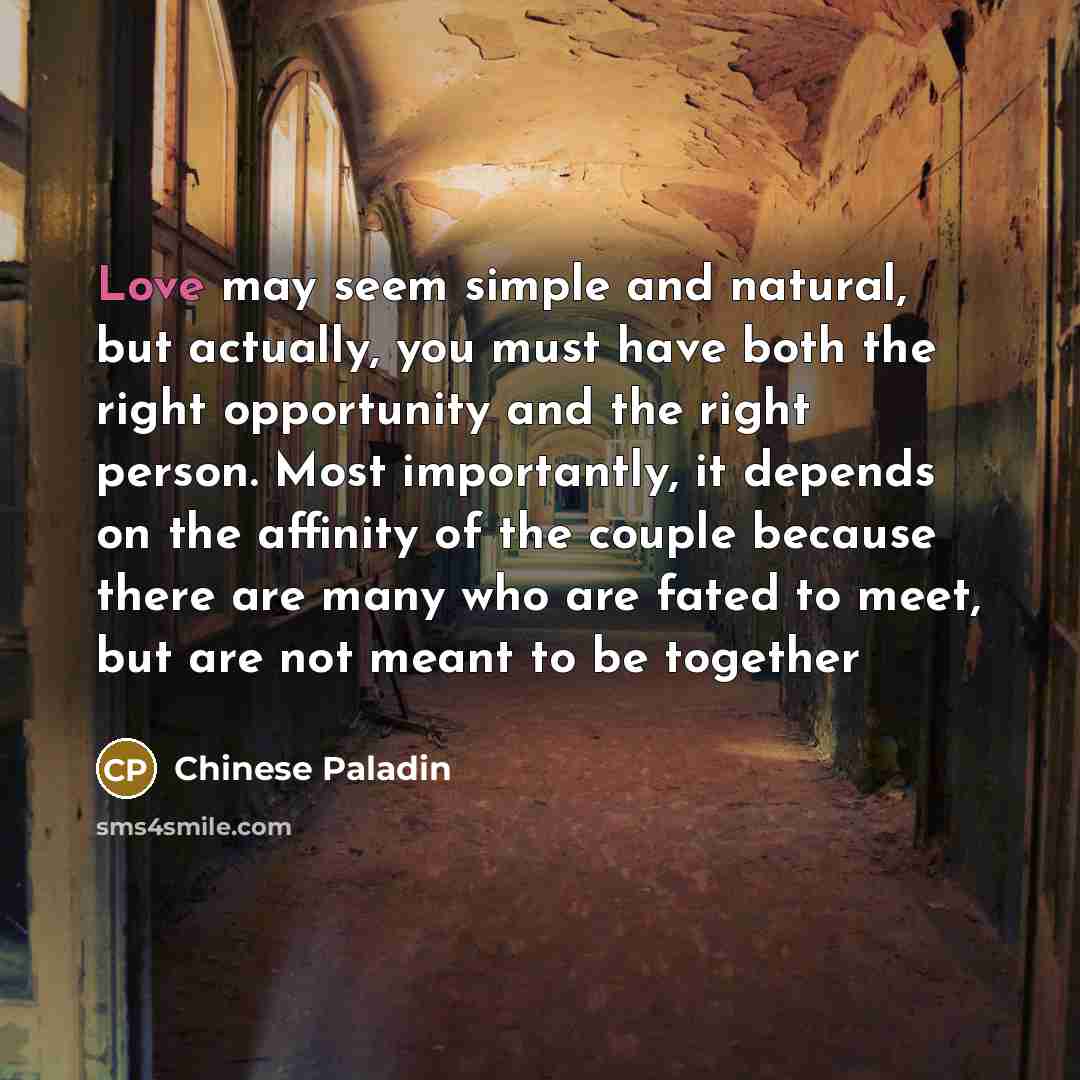 “Love may seem simple and natural, but actually, you must have both the right opportunity and the right person. Most importantly, it depends on the affinity of the couple because there are many who are fated to meet, but are not meant to be together” quote by Chinese Paladin