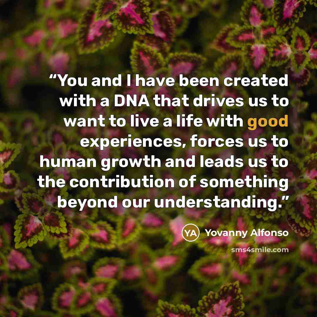 “You and I have been created with a DNA that drives us to want to live a life with good experiences, forces us to human growth and leads us to the contribution of something beyond our understanding.” quote by Yovanny Alfonso