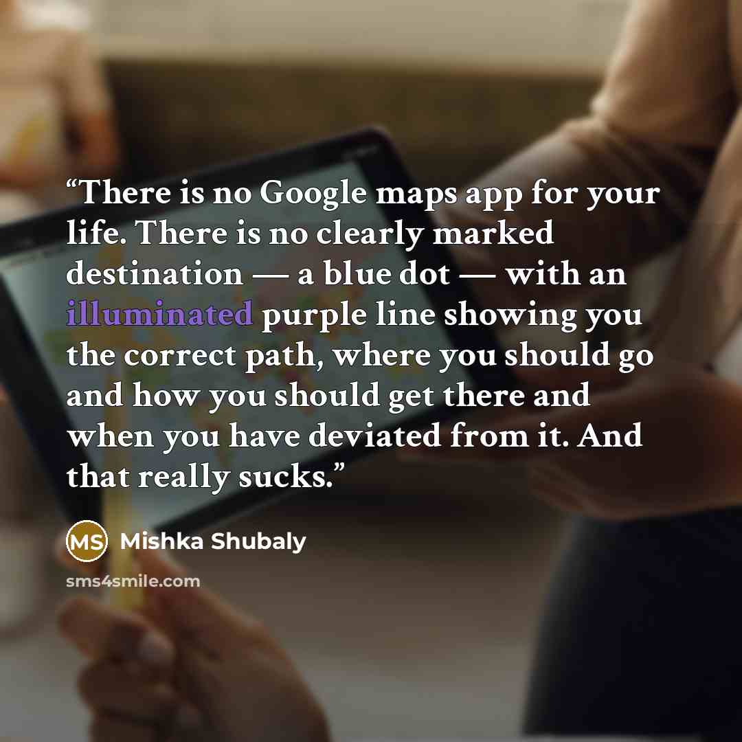 “There is no Google maps app for your life. There is no clearly marked destination — a blue dot — with an illuminated purple line showing you the correct path, where you should go and how you should get there and when you have deviated from it. And that really sucks.” quote by Mishka Shubaly