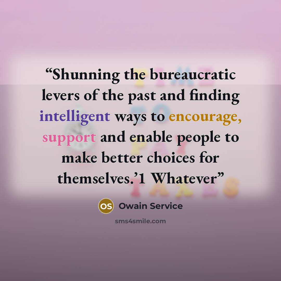 “Shunning the bureaucratic levers of the past and finding intelligent ways to encourage, support and enable people to make better choices for themselves.’1 Whatever” quote by Owain Service