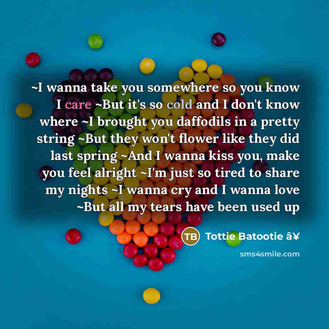 “~I wanna take you somewhere so you know I care ~But it's so cold and I don't know where ~I brought you daffodils in a pretty string ~But they won't flower like they did last spring ~And I wanna kiss you, make you feel alright ~I'm just so tired to share my nights ~I wanna cry and I wanna love ~But…” quote by Tottie Batootie â¥