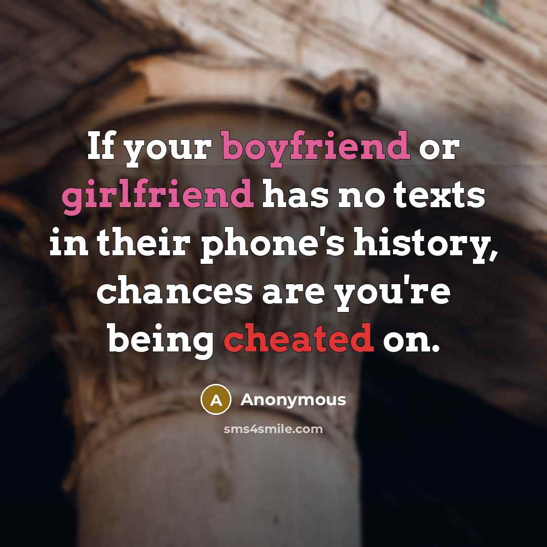 “If your boyfriend or girlfriend has no texts in their phone's history, chances are you're being cheated on.” quote by Anonymous