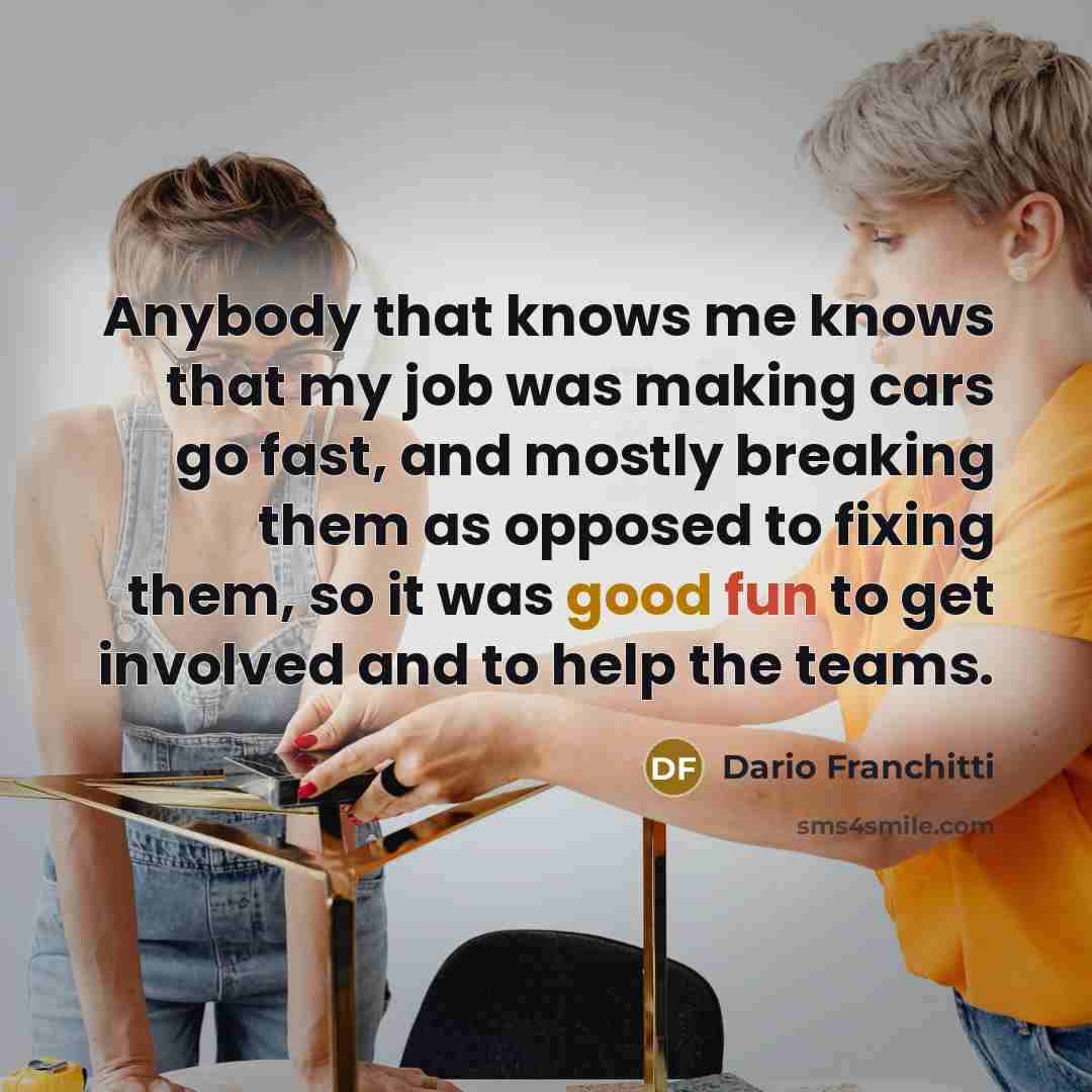 “Anybody that knows me knows that my job was making cars go fast, and mostly breaking them as opposed to fixing them, so it was good fun to get involved and to help the teams.” quote by Dario Franchitti