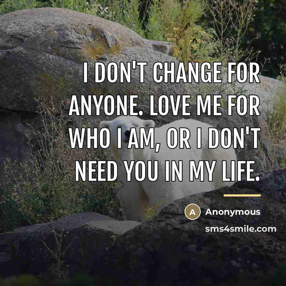 “I don't change for anyone. Love me for who I am, or I don't need you in my life.” quote by Anonymous